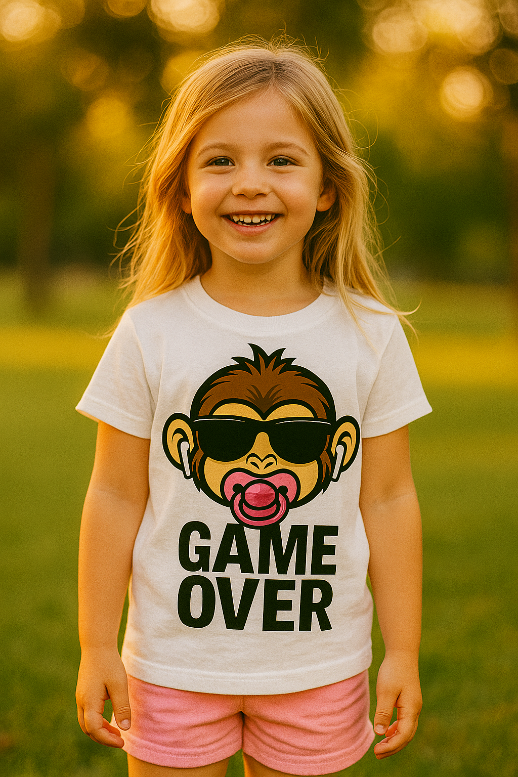 Maglietta Bambina – Scimmia Game Over con ciuccio rosa