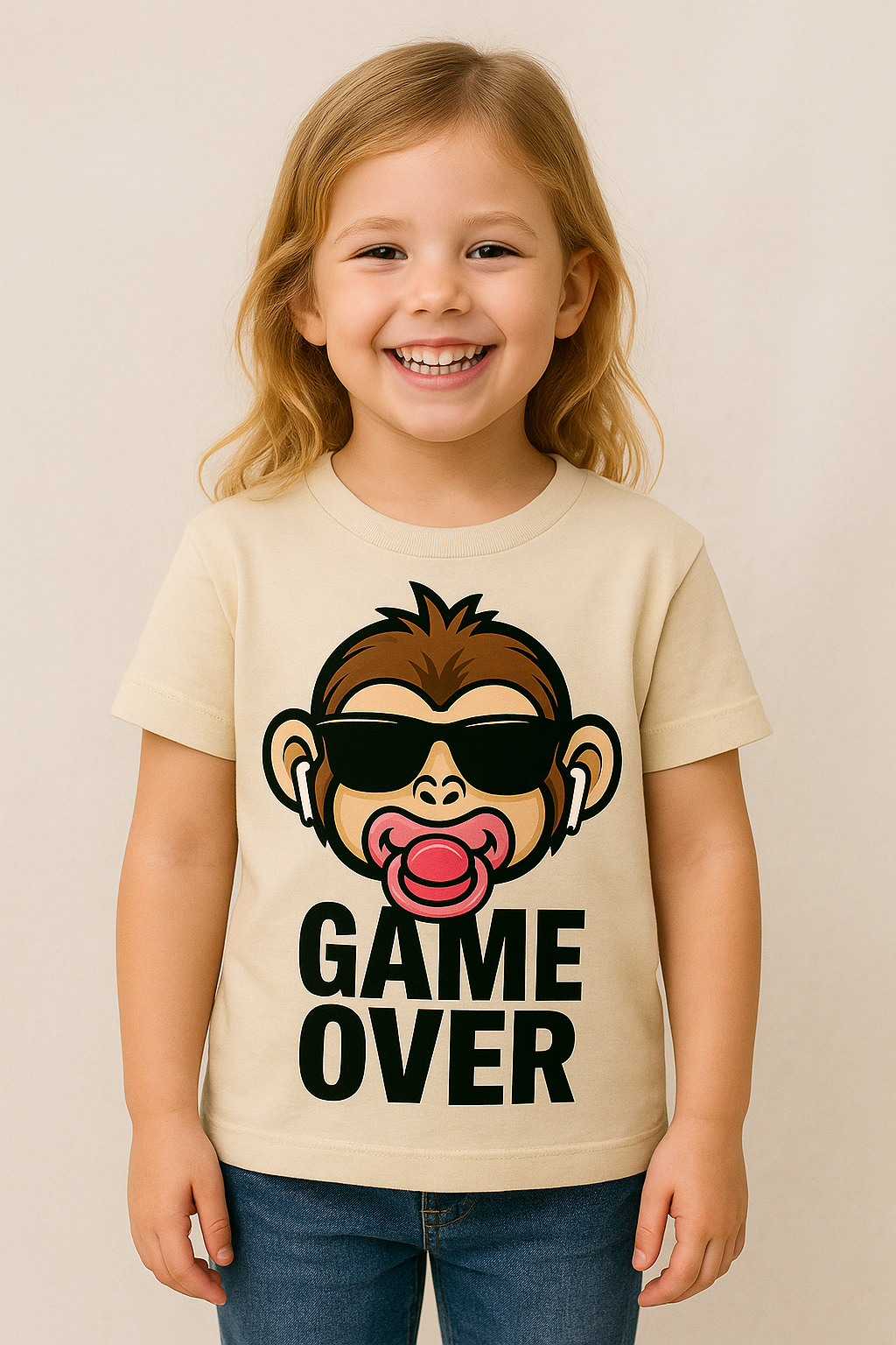 Maglietta Bambina – Scimmia Game Over con ciuccio rosa