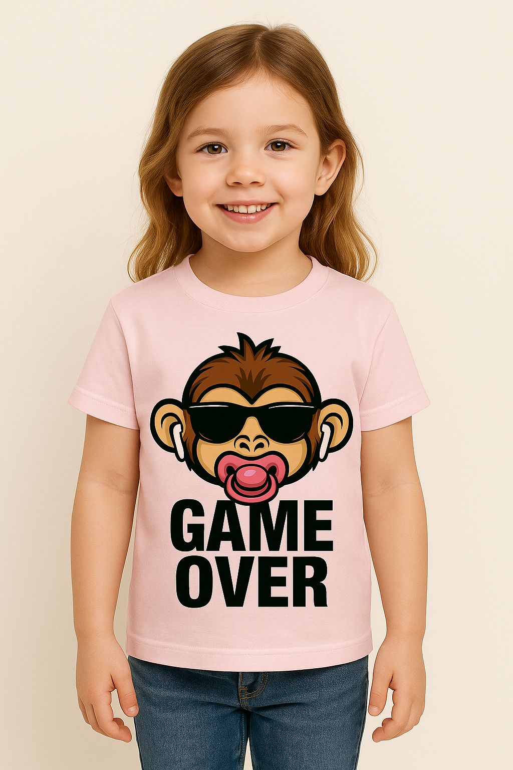 Maglietta Bambina – Scimmia Game Over con ciuccio rosa