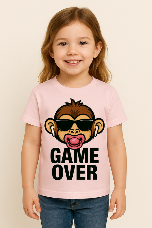 Maglietta Bambina – Scimmia Game Over con ciuccio rosa